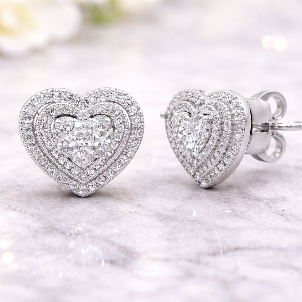Heart Shape Natural Diamond Stud Earrings 925 Sterling Silver Halo Heart Earring